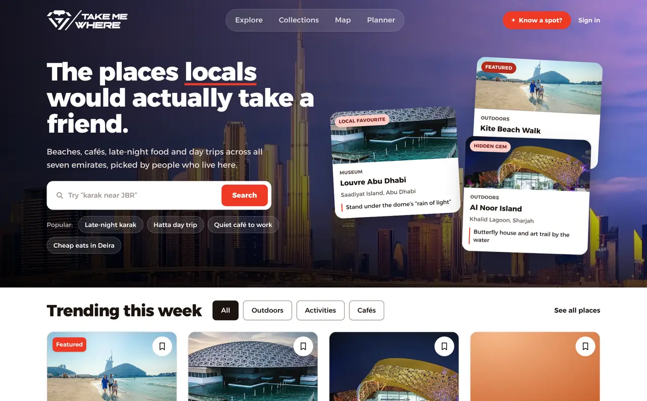 The TakeMeWhere homepage on a computer: the headline, a search box and featured places like Kite Beach Walk, Louvre Abu Dhabi and Al Noor Island.