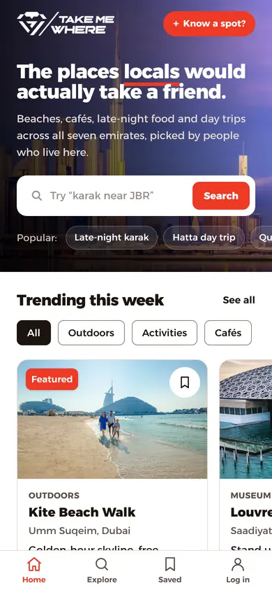 The TakeMeWhere homepage on a phone, with trending places below the search box.